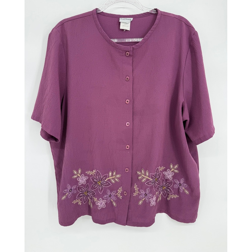 BonWorth Womens Plum Purple Floral Embroidered Button Front Textured Blouse Sz L